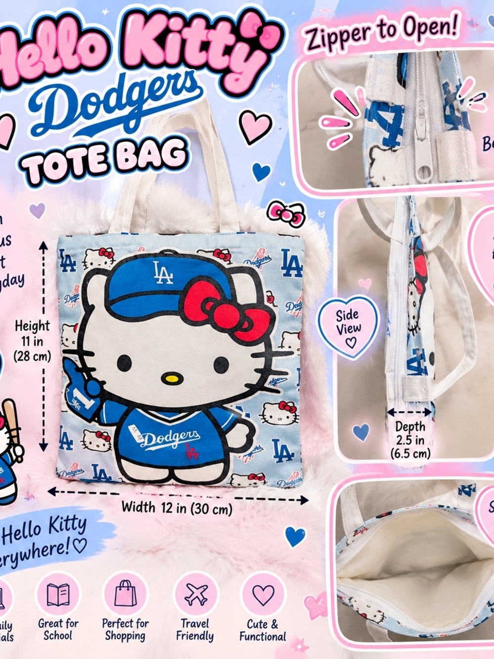 Hello Kitty Dodgers Tote Bag - White, Blue & Red